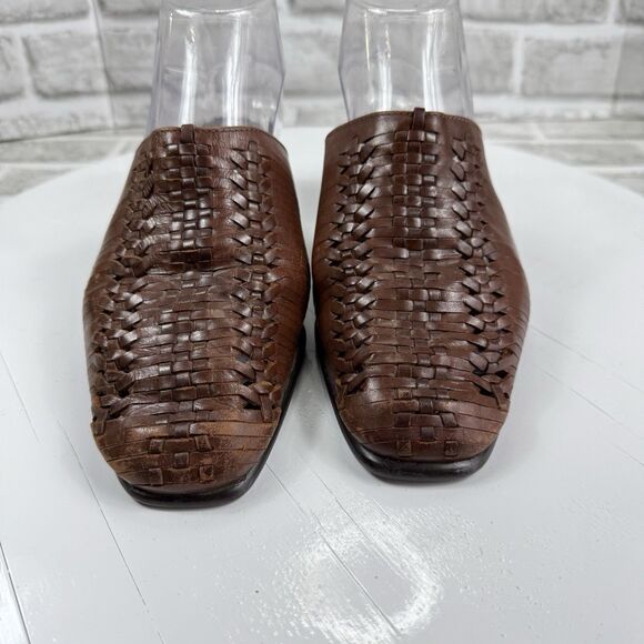 Predictions Vintage Women's Size 8.5 WIDE Square Toe Brown Leather Woven Mules - Picture 6 of 12